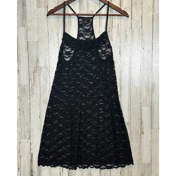 Lacey Slip Dress Chemise Large Black Sheer Ruffle Top Stretchy Siren Coquette - Picture 1 of 6